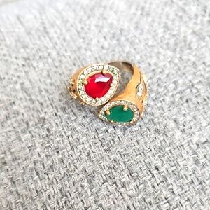 Elegant Gold And 925 sterling Ring with Red and Green Stones